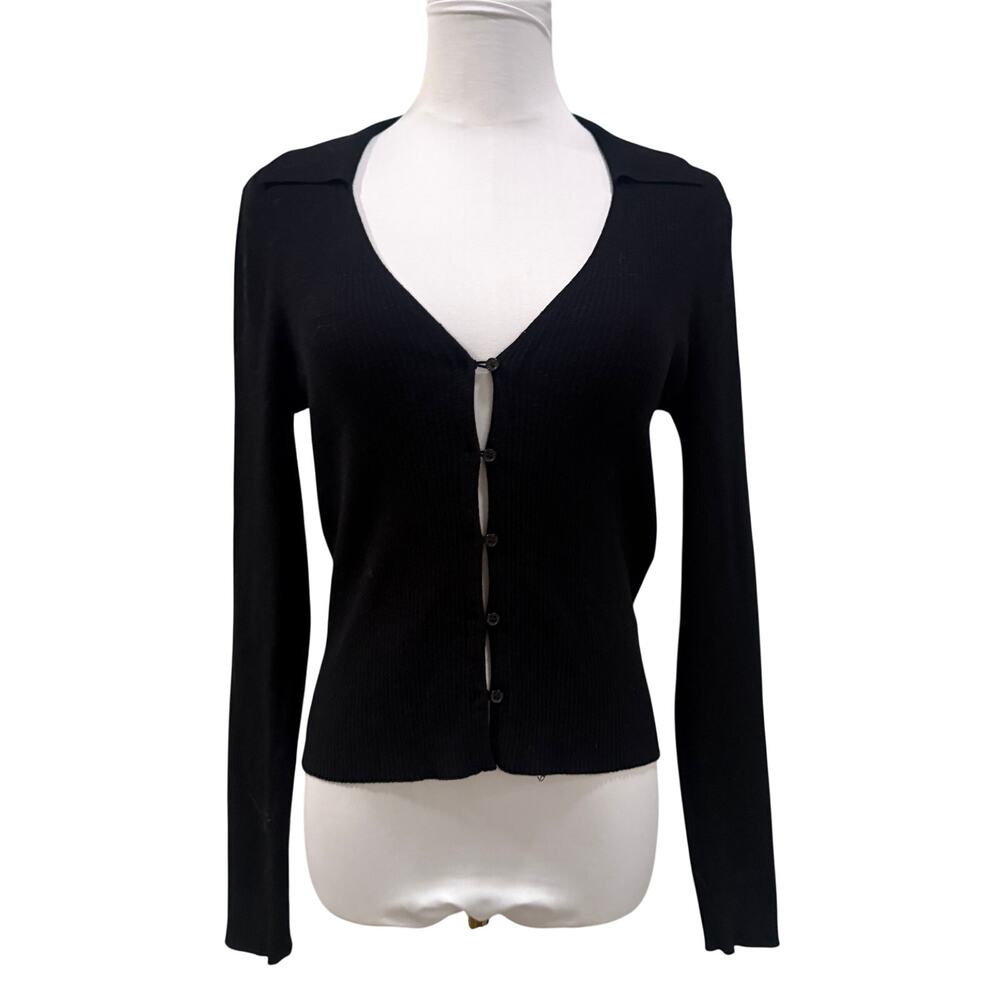 H&M Black Rib Knit Button Front Cardigan Top Collared Long Sleeve V Neck Medium